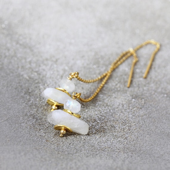 Moonstone Earrings - Gold Threader Earrings - June Birthstone - White Gold Earrings - Wedding Earrings - White Stone Earrings