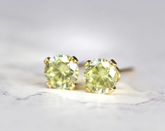 Lime Crystal Stud Earrings - Cubic Zirconia Gold Post Earrings | Simple Minimalist Everyday Jewelry