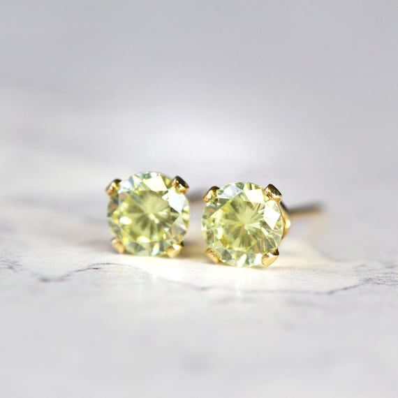 Lime Crystal Stud Earrings - Cubic Zirconia Gold Post Earrings