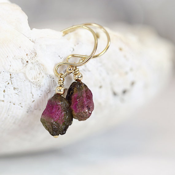 Watermelon Tourmaline Earrings - Raw Stone Earrings
