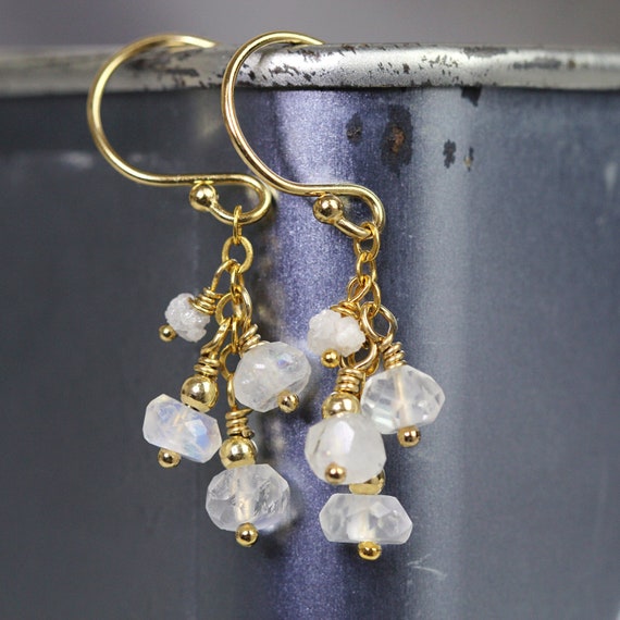 White Diamond & Moonstone Earrings - Dainty White Cluster Earrings