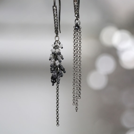 Long Diamond Drop Earrings - Mismatched Waterfall Diamond Statement Earrings
