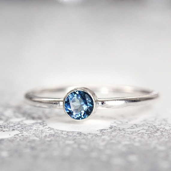 London Blue Topaz Solitaire Ring Silver or Gold - December Birthstone / Writer Artist Scholar Gift