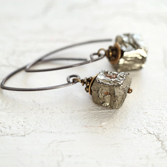 Raw Pyrite Earrings - Modern Mixed Metal Earrings