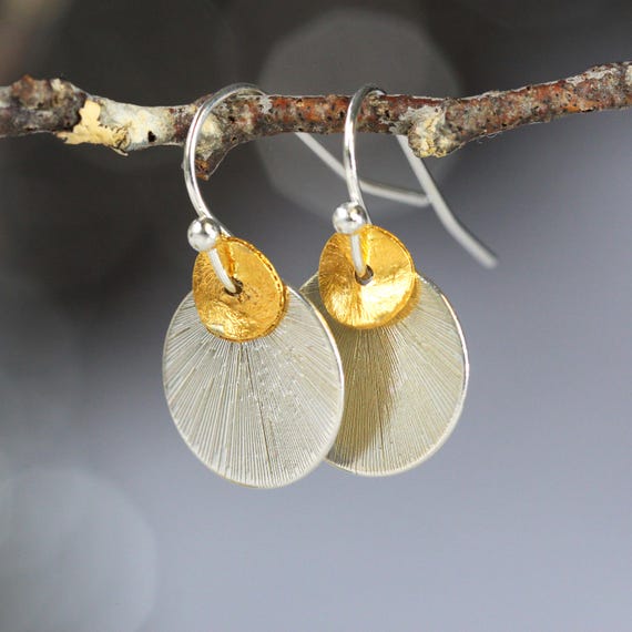 Sterling Silver Disc Earrings - Silver & Gold Sun Moon Mixed Metal Jewelry