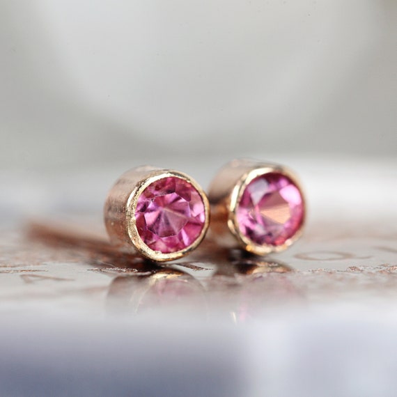 Pink Tourmaline Studs - Rose Gold Small Earrings - Pink Stone Earrings