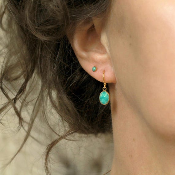 Amazonite Oval Gemstone Drop Earrings - Gold Turquoise Teal Stone Dangle Earrings
