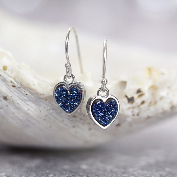 Blue Druzy Heart Earrings - Gift For Loved One