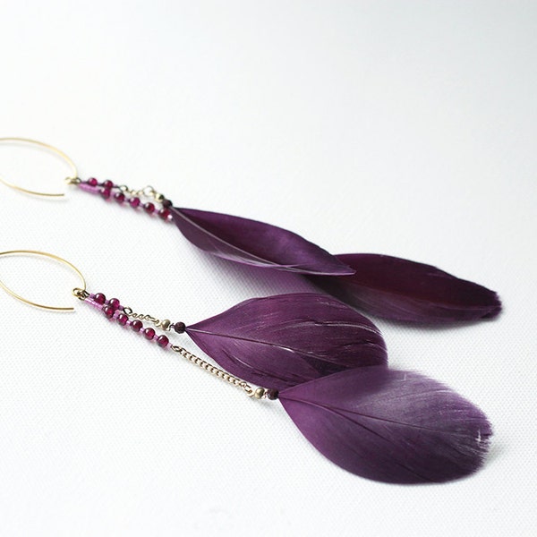 Purple Feather Earrings with Garnet Gemstones on Gold Wires - Bohemian Jewelry for Festival Wear