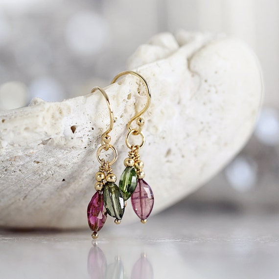 Tourmaline Earrings - Pink Tourmaline Earrings - Dangle Gemstone Earrings - October Birthstone Earrings - Green Tourmaline Earring LAST PAIR