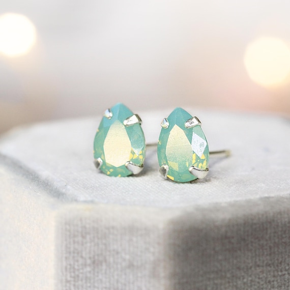 Sea Green Teardrop Crystal Stud Earrings - Austrian Crystal Opalescent Pear Cut Studs
