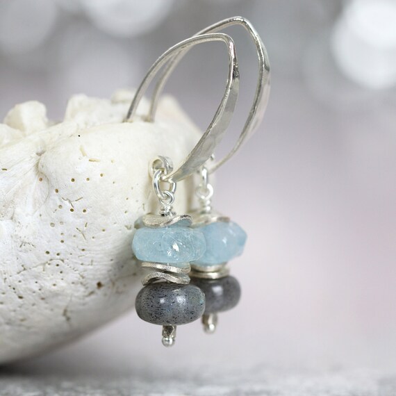 Labradorite & Aquamarine Earrings - gemstone Earrings for Strength Calm Courage