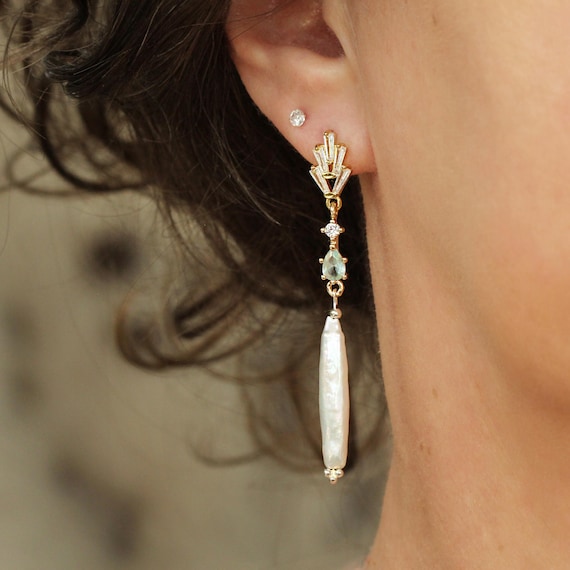 Art Deco Pearl Earrings - Long Biwa Freshwater Pearl Drop Earrings