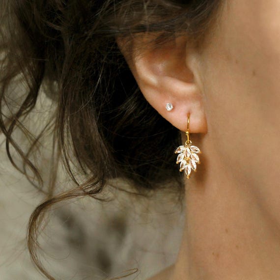 Elegant Art Nouveau Crystal Earrings - 1920's Vintage Style Gold Leaf Dangle Drops