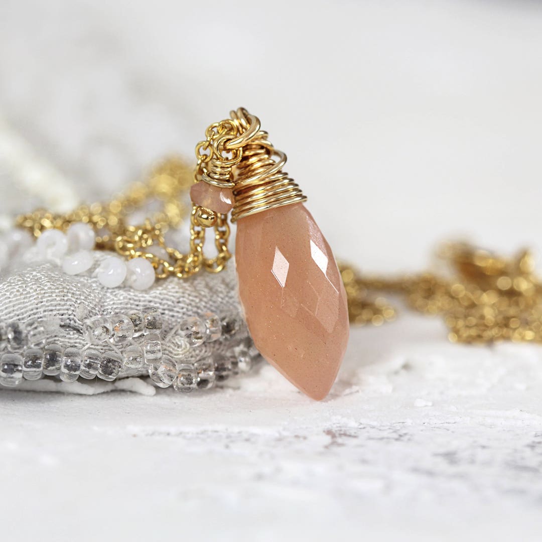 Peach Moonstone Necklace Wire Wrapped Jewelry June Birthstone Wire  Wrapped Necklace Peach Moonstone Pendant Marquise Necklace