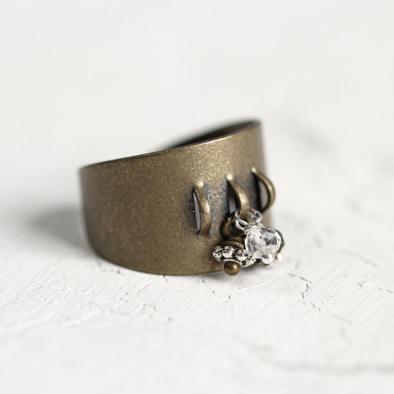 Contemporary Metal And Gemstone Cluster Ring Adjustable Ring with Quartz, Pyrite and Pewter image 2