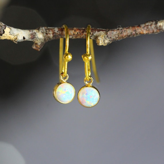 Tiny Gold Opal Earrings - Dainty Everyday White Opal Jewelry For Women