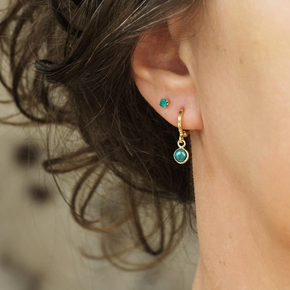 Emerald Gold Huggie Hoops Earrings For Women - May Birthday Present Birthstone Gift