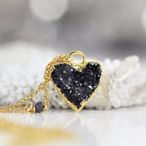 Druzy Quartz Heart Pendant Love Heart Necklace Gold Meaningful Necklace Jewelry Gift Boho Heart Jewelry Crystal Necklace For Love Soft black