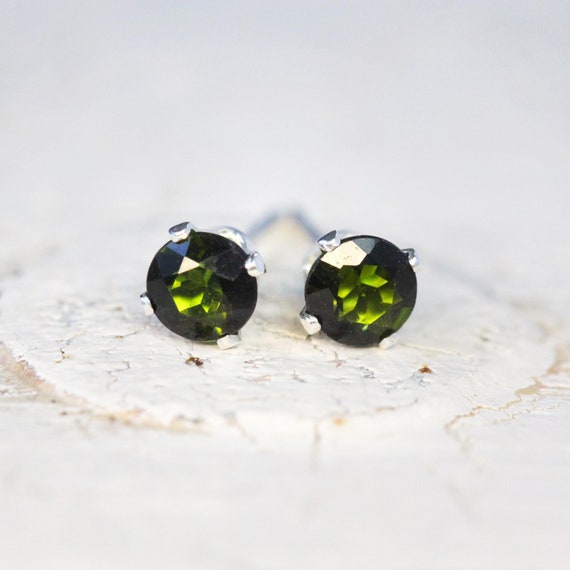 Elegant Dark Green Tourmaline Stud Earrings in Silver or Gold