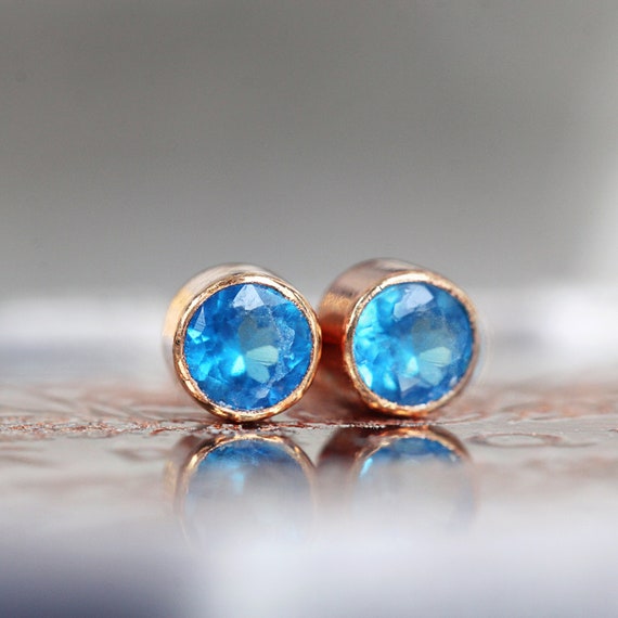 Tiny Blue Apatite Earrings - Rose Gold Blue Earrings 3mm