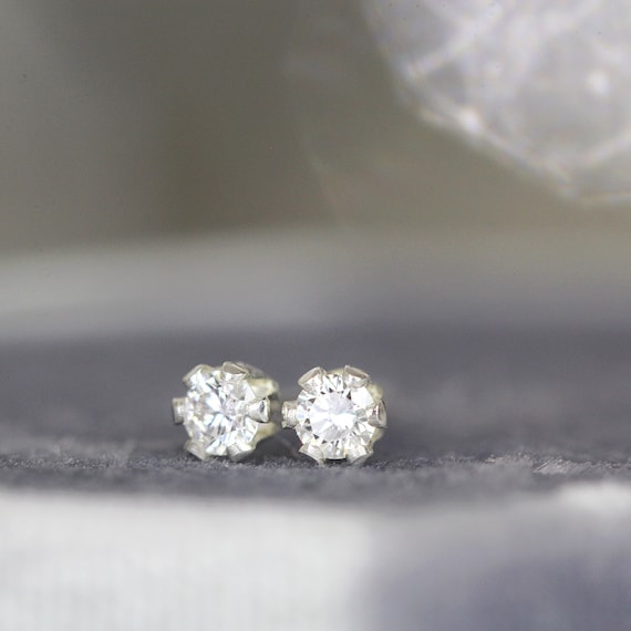 White Diamond Studs Silver or Gold - Tiny Minimal Earrings For Women or Men