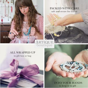 May include: A collage showing jewellery production and packaging. Images include a person using pliers to assemble a blue beaded necklace, a hand holding a yellow beaded necklace, a gift box with a purple ribbon, and hands holding a white beaded bracelet.