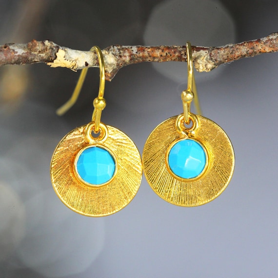 Gold Turquoise Earrings - Etched Metal Disc & Gemstone Drop Earrings