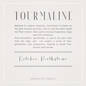 May include: A cream-coloured print with the word "TOURMALINE" in a stylish font. The text details tourmaline's properties, including inspiring creativity and promoting happiness. It also mentions "October Birthstone".