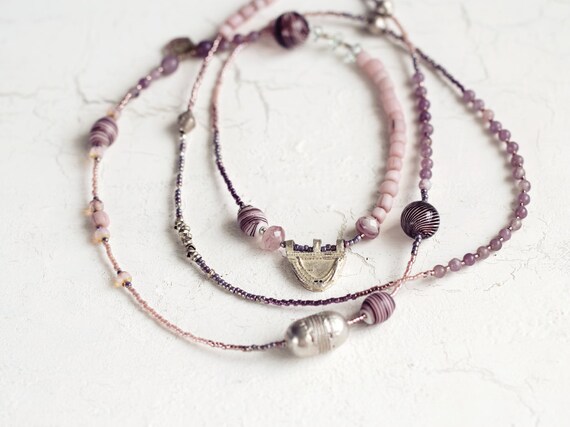 Jade and Watermelon Tourmaline Necklace - Long Bohemian Necklace