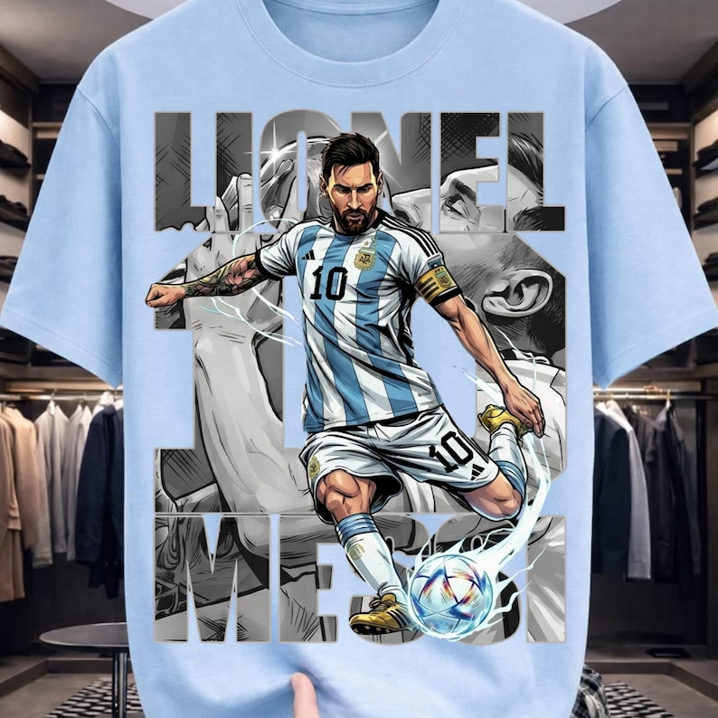 May include: Light blue t-shirt featuring a graphic of a soccer player in a white and light blue striped uniform, kicking a soccer ball. The name "LIONEL MESSI" is printed in large gray letters across the shirt.