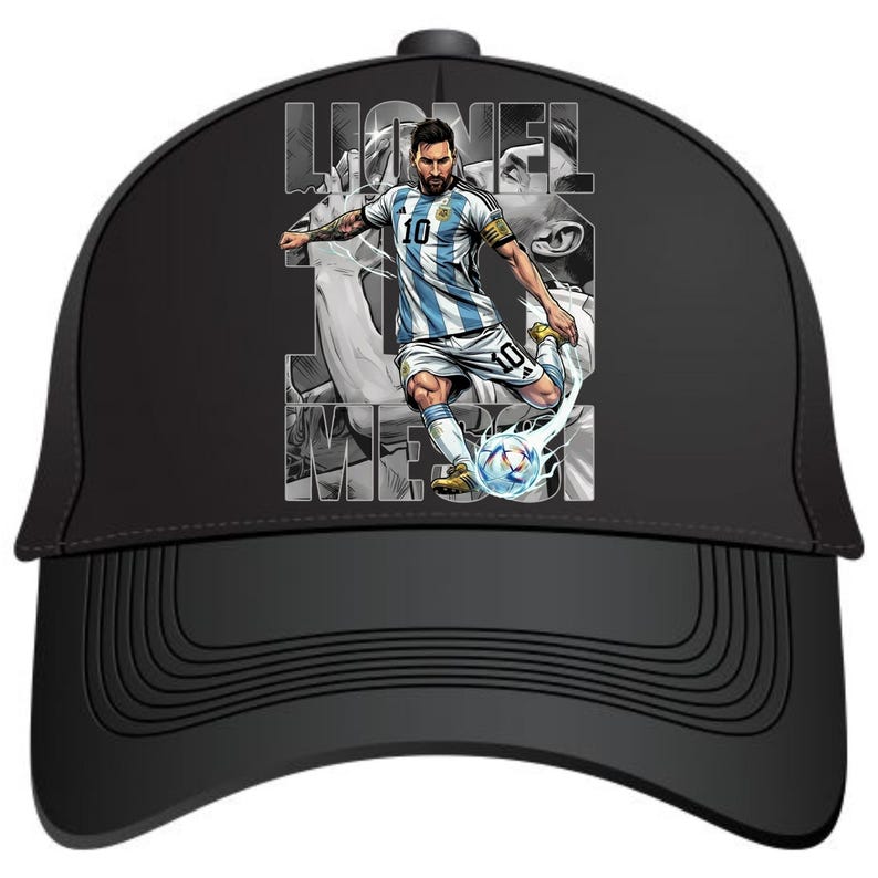 May include: Black baseball cap featuring a graphic of a soccer player in a blue and white striped jersey kicking a soccer ball. The player's name and the word "Messi" are visible on the cap.