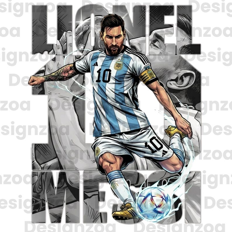 May include: Illustration of a soccer player in a light blue and white striped jersey with the number 10. The player is kicking a soccer ball. The name "Lionel Messi" is displayed in large letters behind the player.