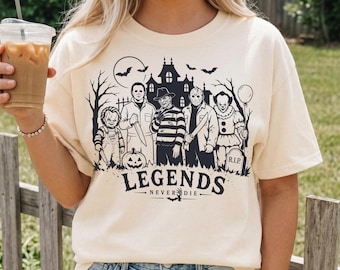 Legends Never Die PNG, Retro Halloween Design, Vintage Movie Night Villains, Spooky Graphic Sublimation