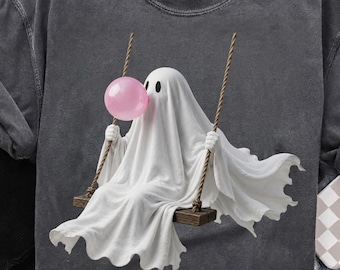 Ghost on Swing Shirt | Halloween Bubble Gum Ghost Crewneck | Spooky Fall Pullover Gift