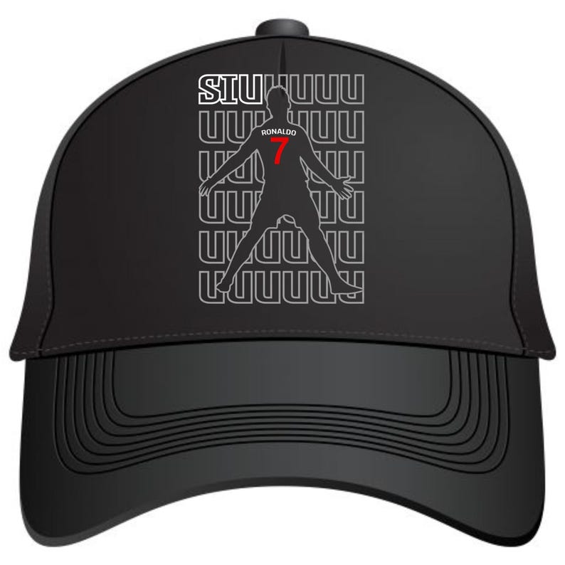 May include: Black baseball cap featuring a silhouette of a soccer player with the number 7 in red. The cap has the word "RONALDO" and the word "SIU" in white. The design is repeated vertically in a white font.