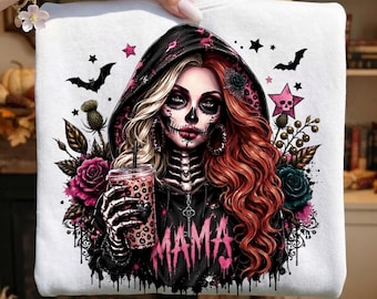 Gothic Halloween Skeleton Woman PNG, Spooky Girl Sublimation Design, Dark Floral Skull Digital Download