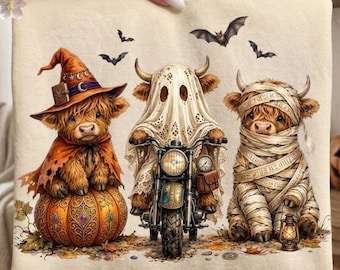 Highland Cow Halloween Trio PNG, Witch Ghost Mummy Watercolor Art (Digital Download)