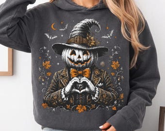 Pumpkin Man Halloween Hoodie Witch Hat Skeleton Heart Hands Sweatshirt Fall Gift