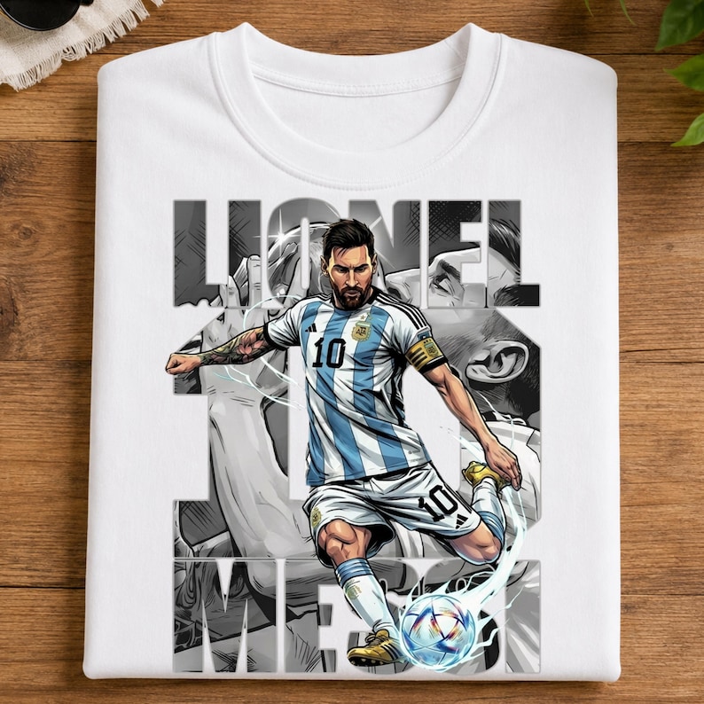 May include: White sweatshirt featuring a graphic of a soccer player in a blue and white striped jersey kicking a soccer ball. The text "LIONEL MESSI" is printed in gray. The player is wearing the number 10.