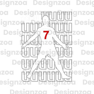 May include: A white and gray graphic of a soccer player with arms outstretched and legs spread. The number 7 is in red on the player's jersey. The background features a pattern of the letter "U".