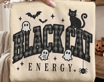 Black Cat Energy PNG | Vintage Halloween Shirt Design | Retro Spooky Cat | Distressed Fall Graphic