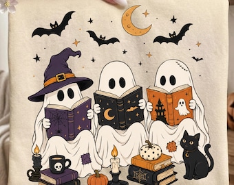 Halloween Ghost Reading PNG | Spooky Book Lover Sublimation Design (Digital Download)