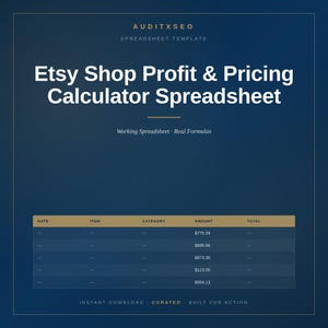 Op de afbeelding: Een donkerblauwe afbeelding met de tekst "Etsy Shop Profit & Pricing Calculator Spreadsheet" in het wit. Een spreadsheet tabel met kolommen voor datum, item, categorie, bedrag en totaal is zichtbaar. De woorden "Instant Download" staan onderaan.