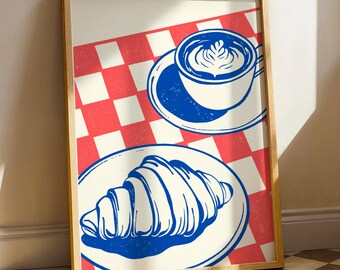 Croissant & Coffee Wall Art Print, French Café Decor, Parisian Kitchen Poster, Breakfast Illustration, Minimalist Food Art