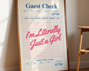 Retro Guest Check Wall Art, I'm Literall Just a Girl Print, Trendy Feminine Quote, Digital Download