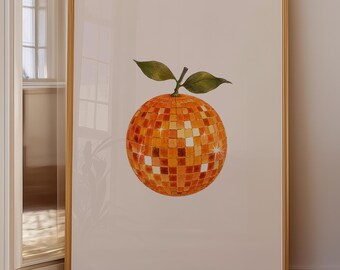 Disco Orange Wall Art Print, Retro Citrus Kitchen Decor, Minimalist Fruit Poster, Vintage Aesthetic Printable Art