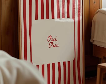 Oui Oui Print, French Aesthetic Wall Art, Parisian Kitchen Poster, Minimalist Red Striped Typography Decor, Digital Download