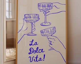 La Dolce Vita Wall Art Print, Italian Wine Poster, Mediterranean Kitchen Decor, Minimalist Cocktail Illustration, Coastal Dining Room Art