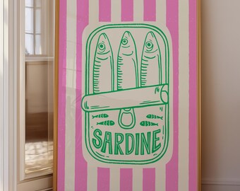 Pink Sardine Tin Wall Art Printable, Retro Coastal Kitchen Poster, Vintage Fish Illustration, Mediterranean Decor (Digital Download)